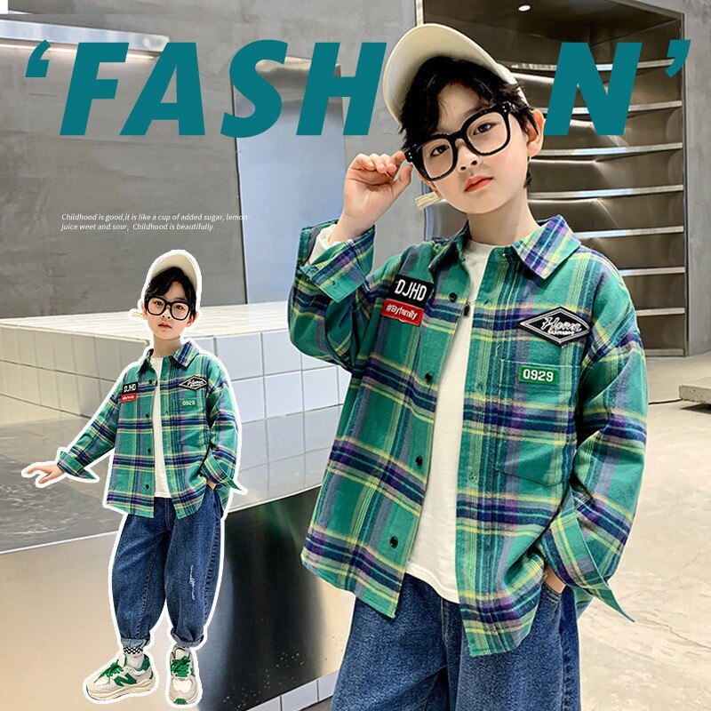 Kinderen Plaid Shirts Lange Mouw Tops Voor Jongens Tiener Casual Kleding Kids Cotton Turn-Down Kraag Lente Kostuum 6 8 10 12Y