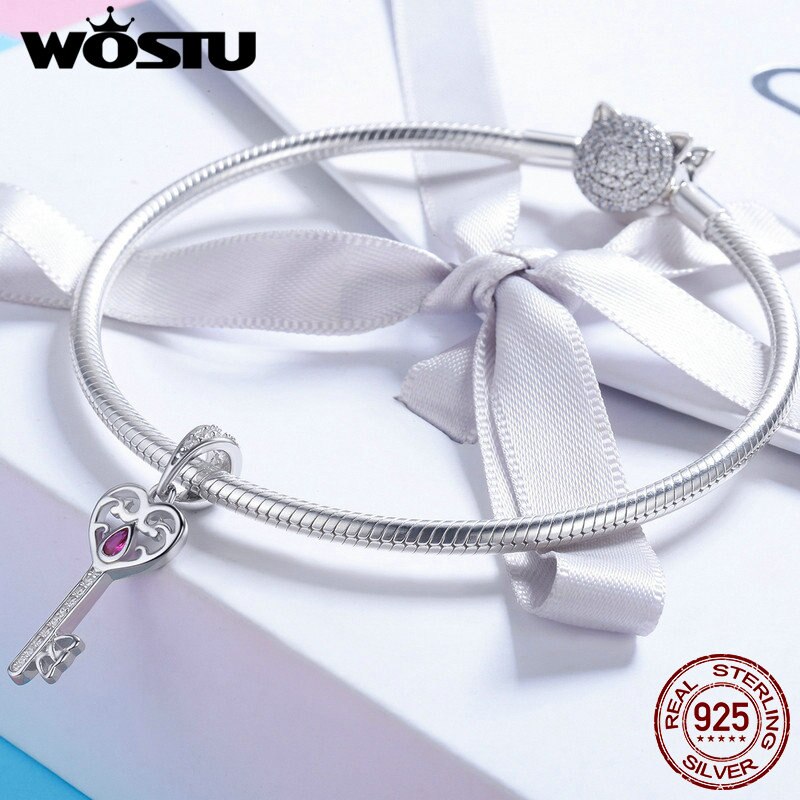 WOSTU 100% 925 Sterling Silver Key To Happiness Tear CZ Stone Charm Bead Fit Original Bracelet Bangle Fine Jewelry CQC791