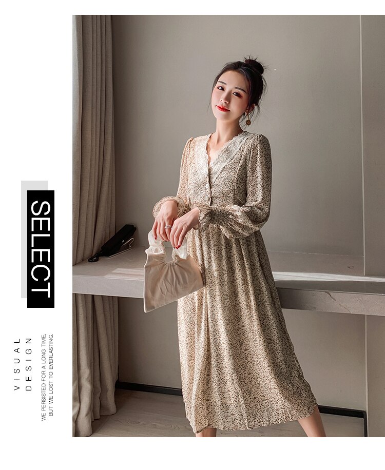 Herbst Schwangere Still Kleid mit Invisible Zip Fly Spitze V-ausschnitt Mutterschaft Chiffon Pflege Kleid Stillen: apricot / XXL