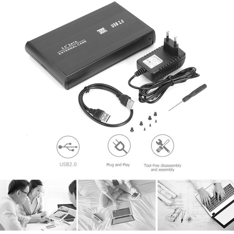 3.5 tums hårddiskfodral sata till usb 2.0 aluminiumlegering hdd-fodral extern hårddiskhölje med eu-adapter
