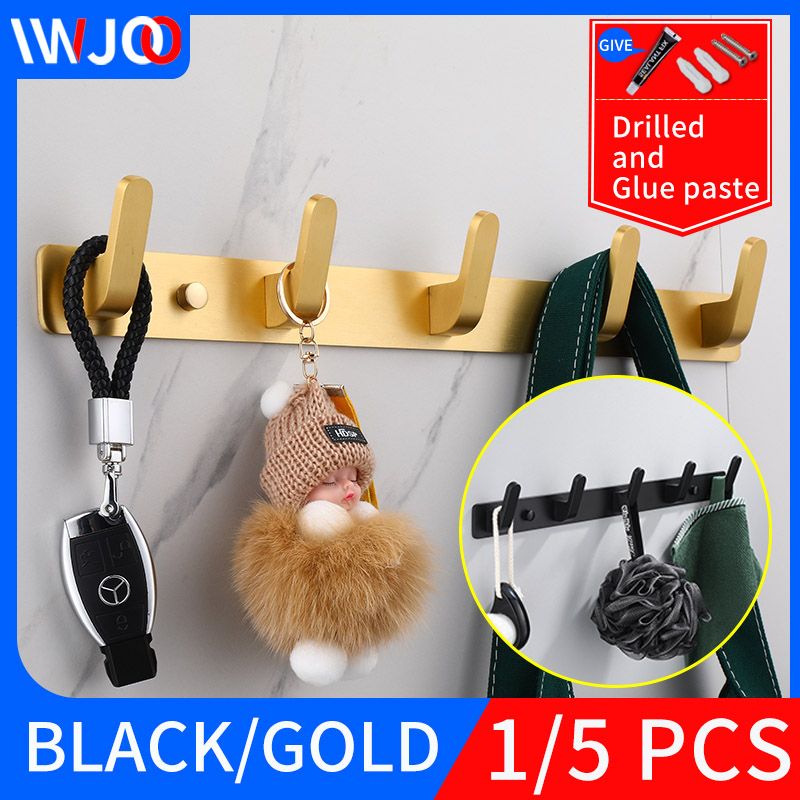 Baño fila gancho negro pegamento pasta de pared dormitorio ganchos sin tornillos de instalación de oro del baño toalla gancho