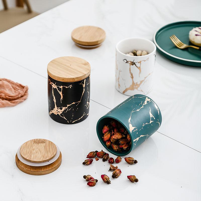 Marble Pattern Ceramic Storage Bottles Jars With Wooden Cover Sugar Shaker Spice Jar Kitchen Accessories Ceramics Storage Jar