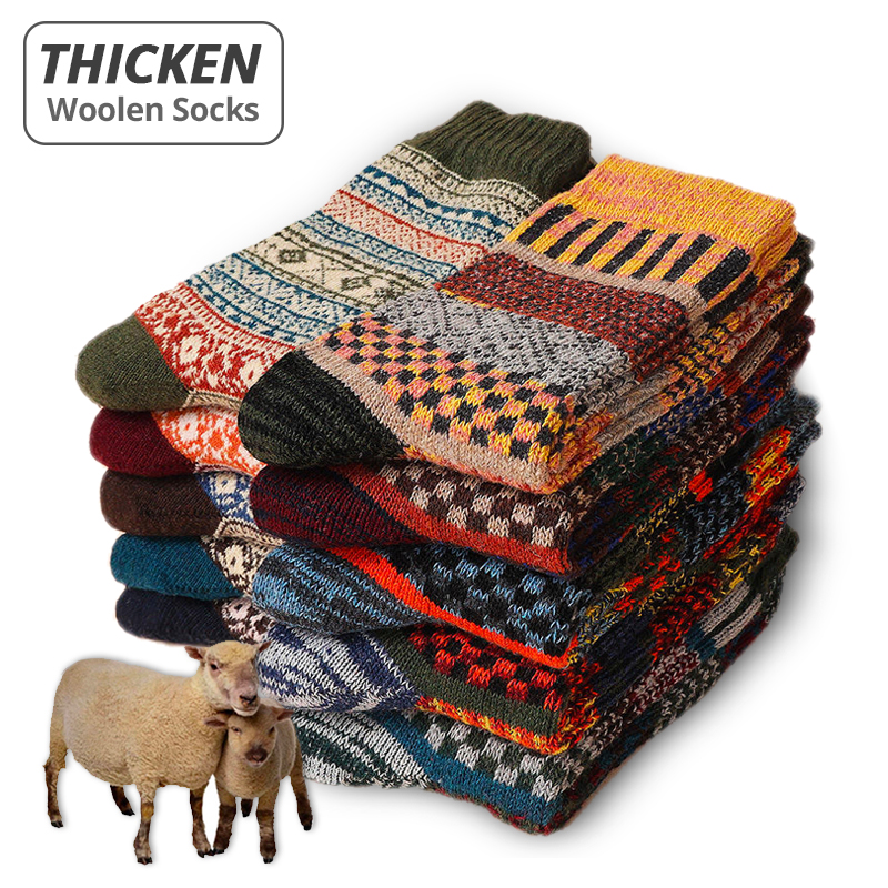 HSS-Meias masculinas de lã de ovelha, grossas e quentes, estilo retrô, moda colorida, botas de neve, inverno, marca, 5 pares
