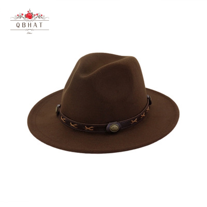QBHAT uomo donna cappelli Fedora Jazz in feltro di lana tinta unita con cinturino in pelle marrone cappello da Cowboy a tesa larga cappello verde Trilby Panama per la festa