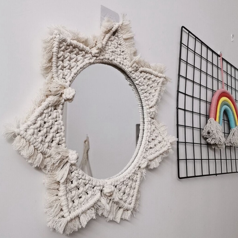Round Cotton Rope Braided Tassel Mirror Wall Frame Decorative Hanging Makeup Mirror Ideal for Home Hanging Decoration Woven Make