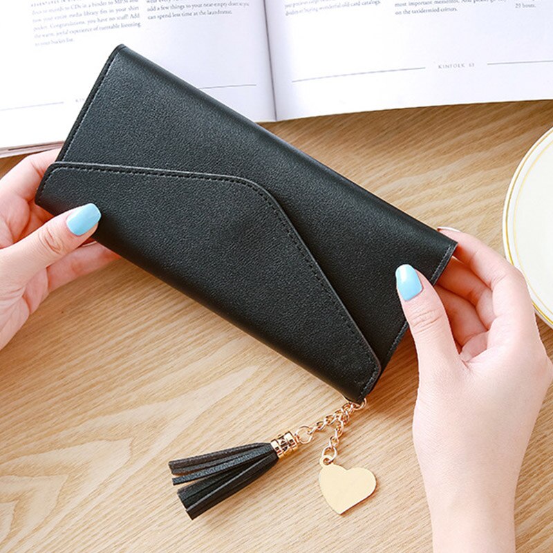 Women Leather Slim Wallet Long Trifold Credit Card Holder Organizer Purse Tassel Coin Purse Card Holder