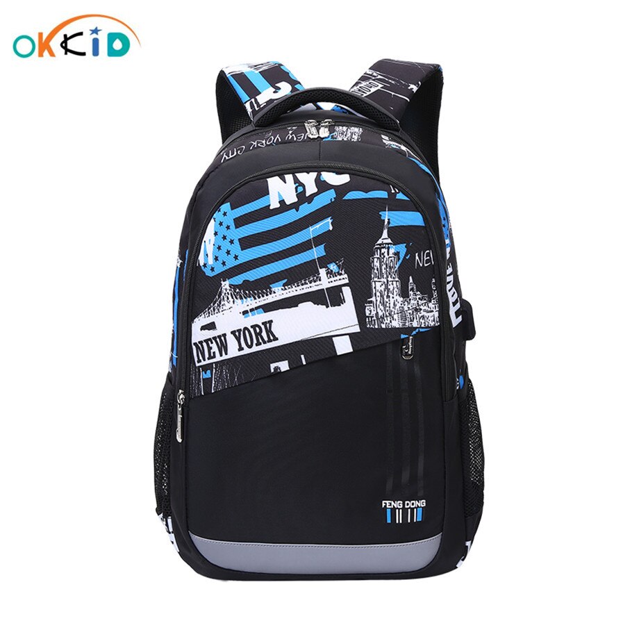 Okkid estudante grande mochila porta usb sacos de escola para adolescentes meninos bookbag bagpack masculino portátil mochila 15.6 presente