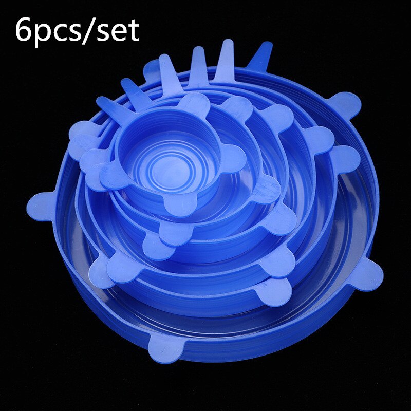 Tapas elásticas reutilizables de silicona 6 uds., tapa Universal de silicona, tapa para comida, tapa para olla, tapa de silicona, tapa para olla, topes de cocina: Azul