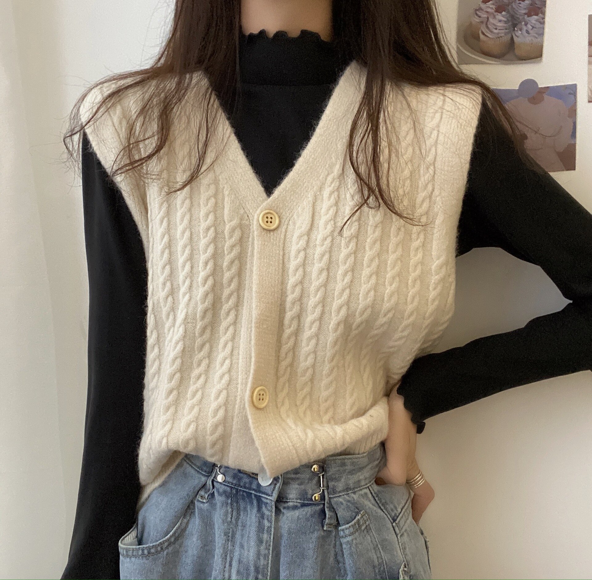 Women's Knitted cardigan vest sweater cardigans for winter clothes women sleeveless sweater female roll collar