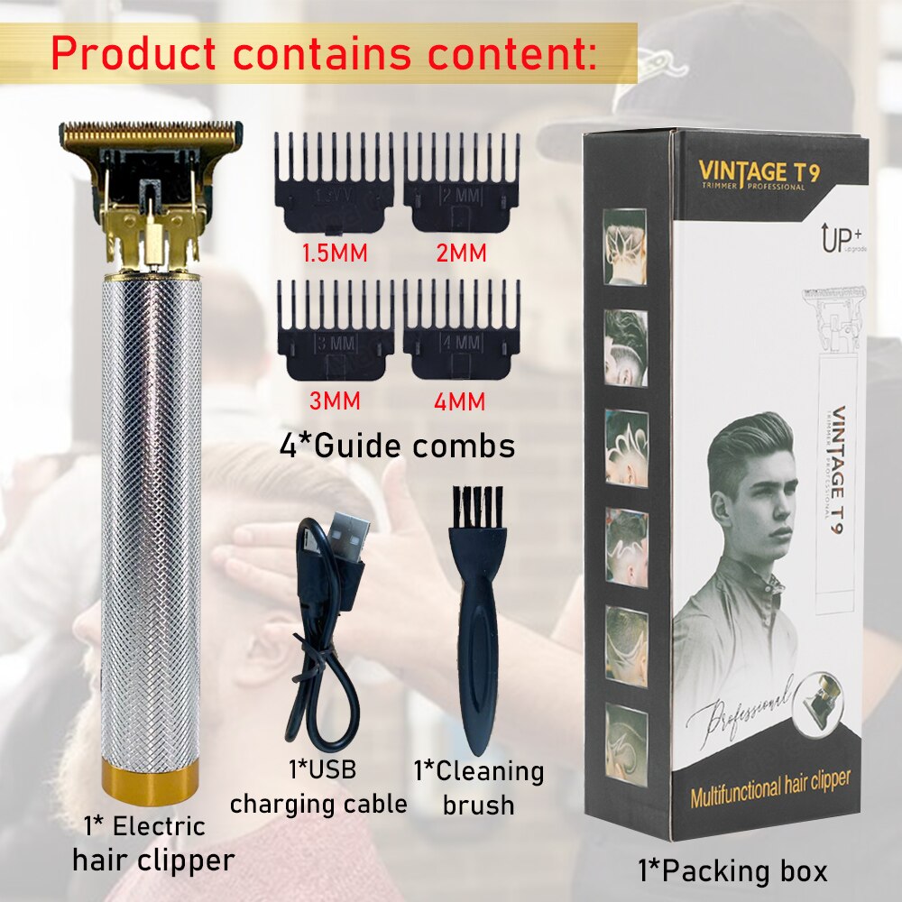 Cortadora de pelo trimmer cortapelos profesional hombre recortadora barba corta pelo hombre cortadora pelo maquina de pelar hombre T9 para hombre 6 9 MM máquina de corte de pelo profesional Vintage maquina cortar pelo: silver