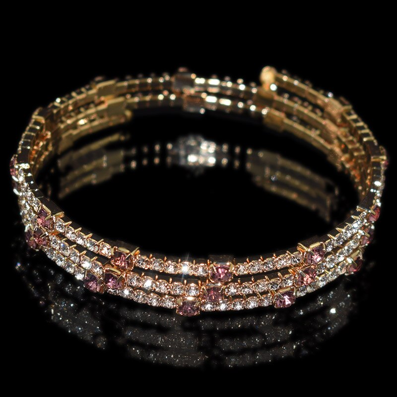 6-color Crystal Bracelet Blue, Red, White Three-row Stretch Bracelet Bride Wedding Rhinestone Bracelet Party Jewelry: gold-purple powder