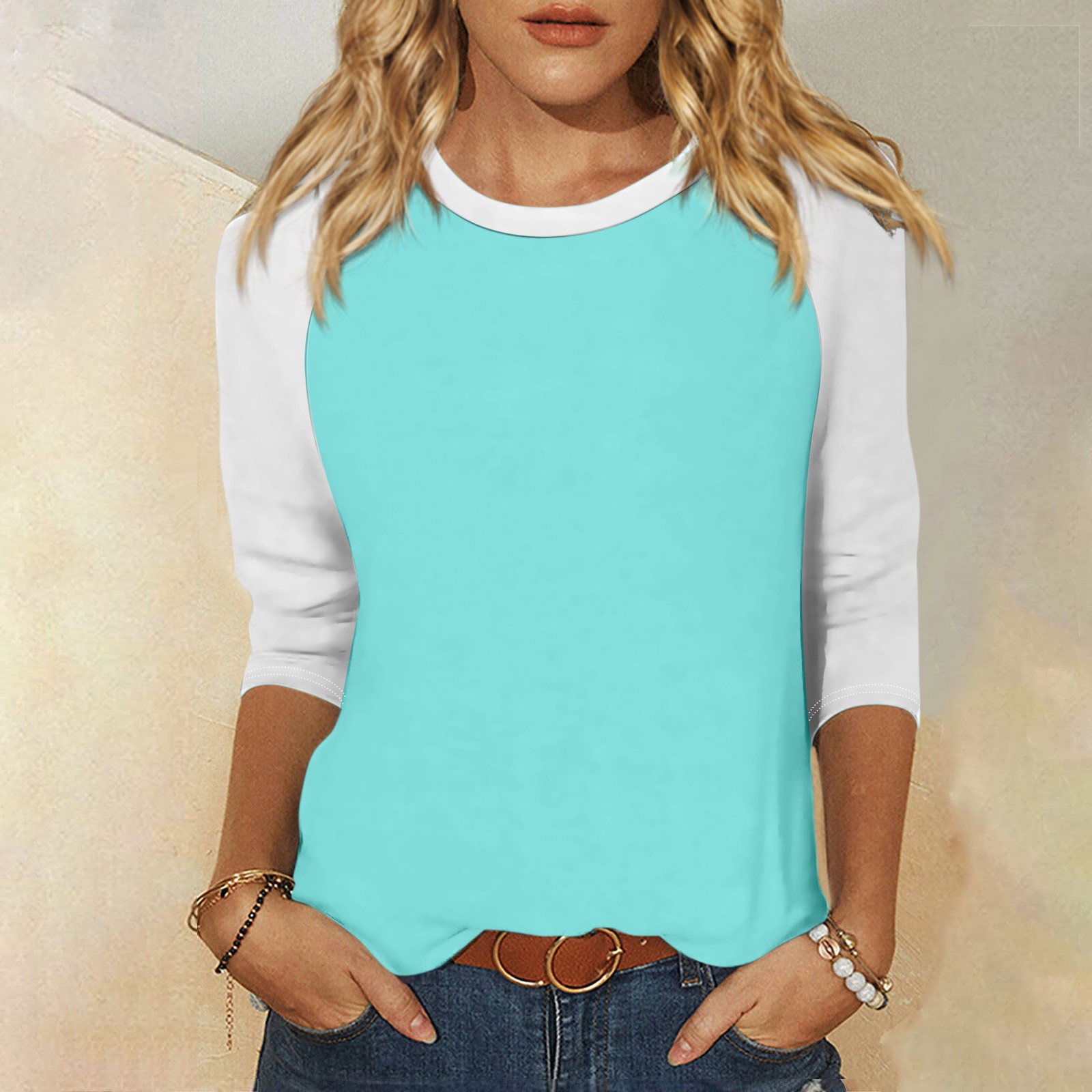 Chemise pour femmes décontracté manches Raglan col rond manches 3/4 ample Patchwork imprimé T-Shirt haut pour femme Ropa De Mujer: L / Corail Rouge