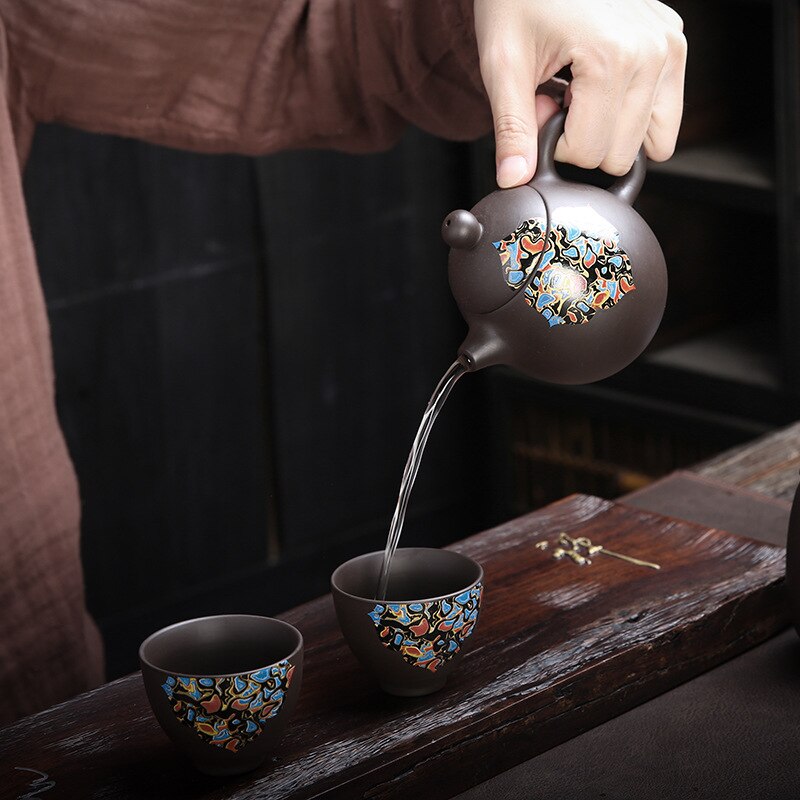 Yixing Dragon Teapot Sets 6pcs Ceramic Purple Clay Kung Fu Travel Tea Set 1 Teapot + 4 Cups + 1 Tank Handmade Teapot Set