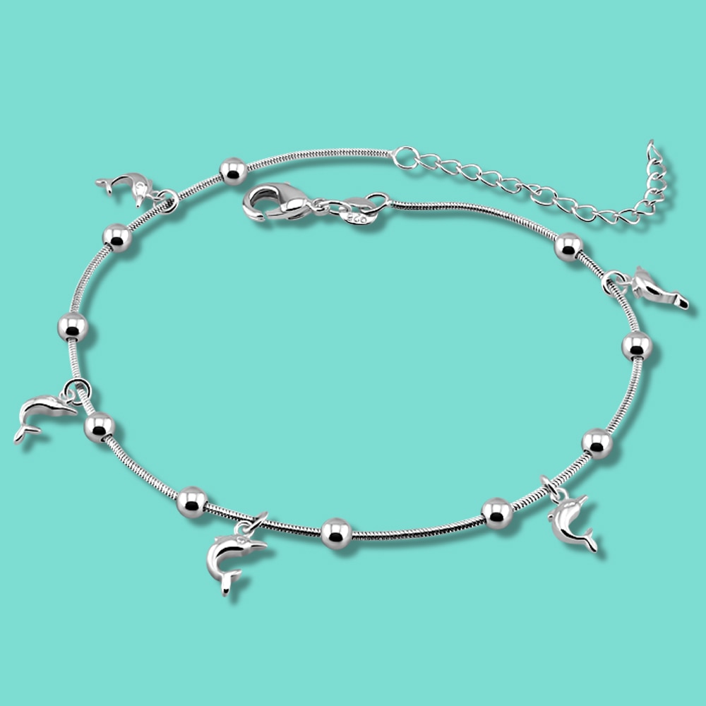 Vrouwen 925 Sterling Zilveren Enkelbandje Minimalistische Dolfijn Hanger Solid Silver Enkelband Femal 28Cm Keten Zomer Strand Sieraden