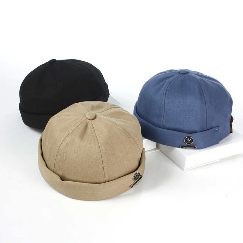 Mænd kvinder skullcap sømand cap blad nitte broderi varm rullet manchet spand cap uden kant hat ensfarvet justerbare bomuld hatte