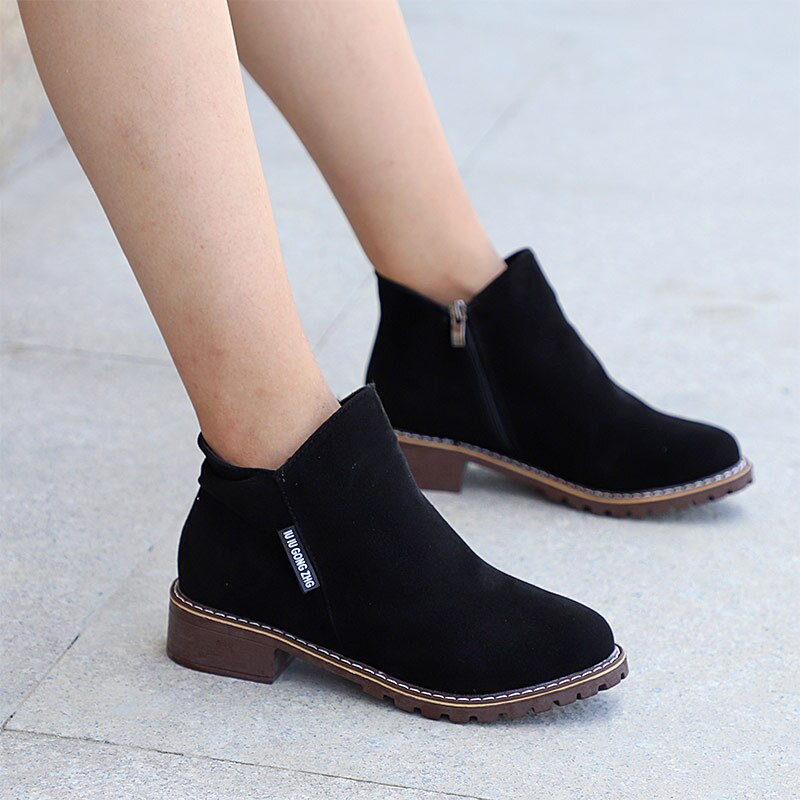 Dame ankelstøvler høst dame semsket skinn firkantede lave hæler plattform klassiske sko dame fritidssko