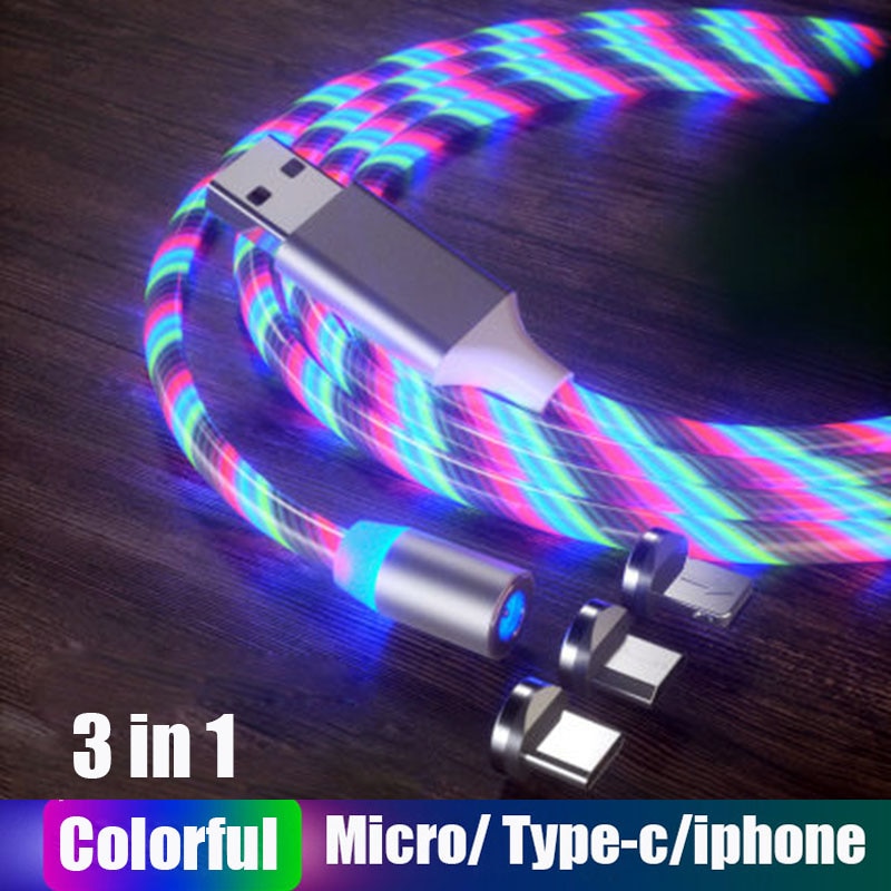 Lasaie Bunte Fließende Licht LED Magnetische Kabel Mikro USB Typ C Kabel Schnelle Ladung Magnetische Ladegerät Kabel für iPhone Xiaomi: bunt 3 in 1 / 2m