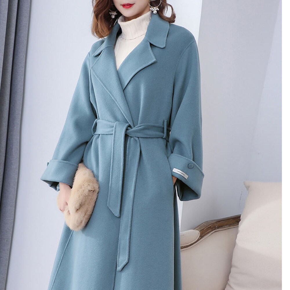 Manteau d'hiver en laine pour femmes, couleur unie, bleu lac, noir, ample, X Long, , avec ceinture, pour le bureau, XS à XXL: Bleu / XL
