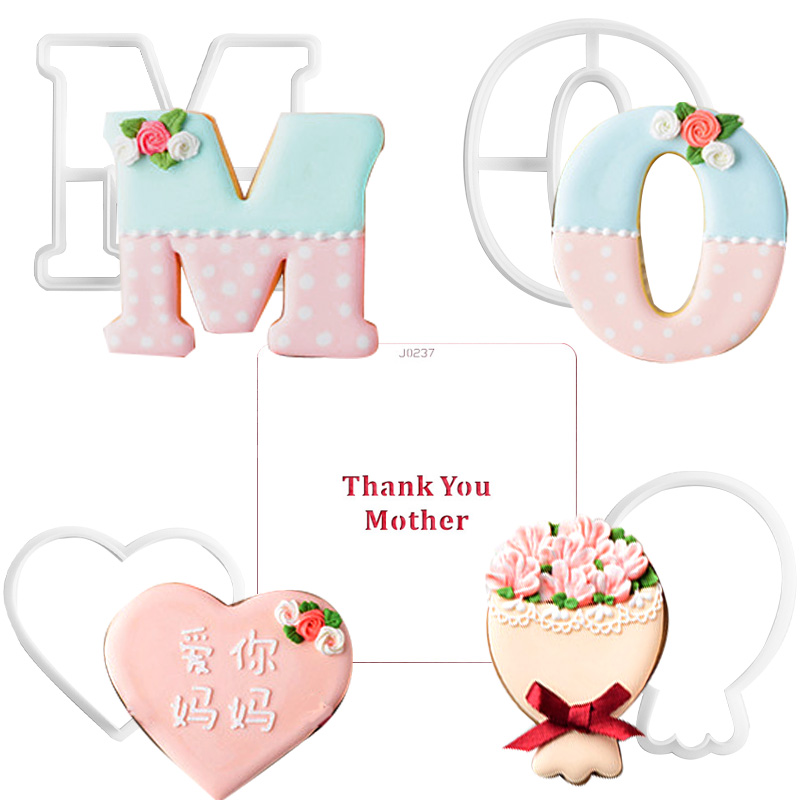 5pcs/set Mother&#39;s Day Cookie Mould Love Heart Flower Cookie Cutter DIY Sugar Frosting MOM Birthday Cake Decorating Tools