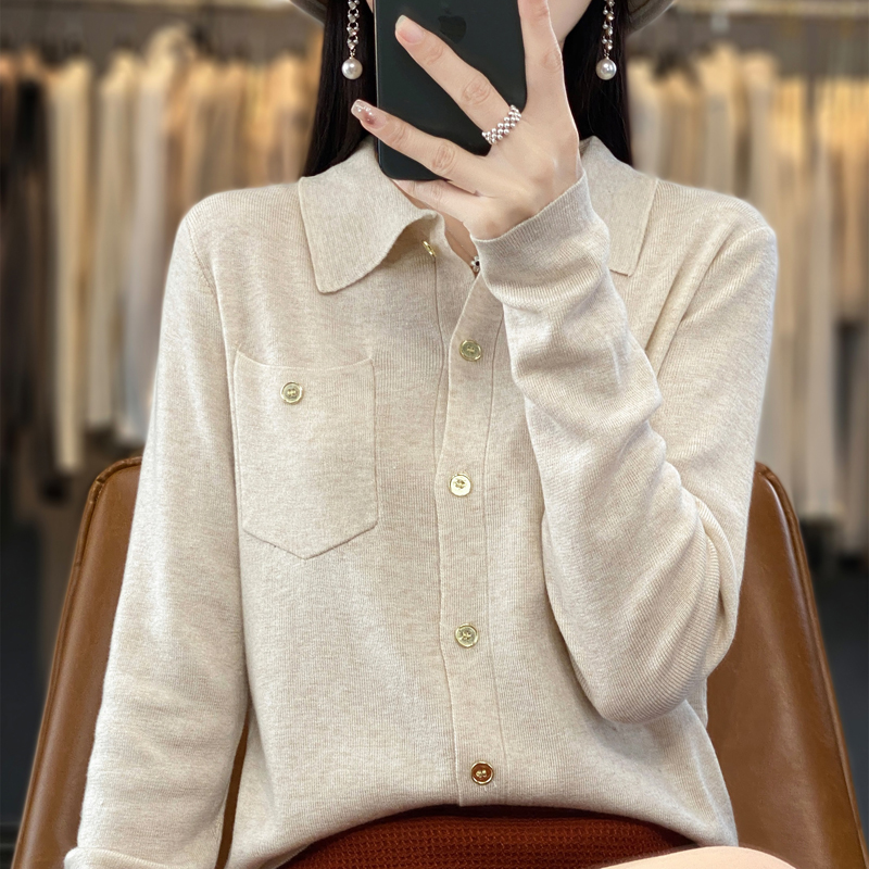 Cardigan feminino com bolso primavera e verão nova camisa de lapela fina imitação de lã camisola alta rua casaco superior mangas compridas