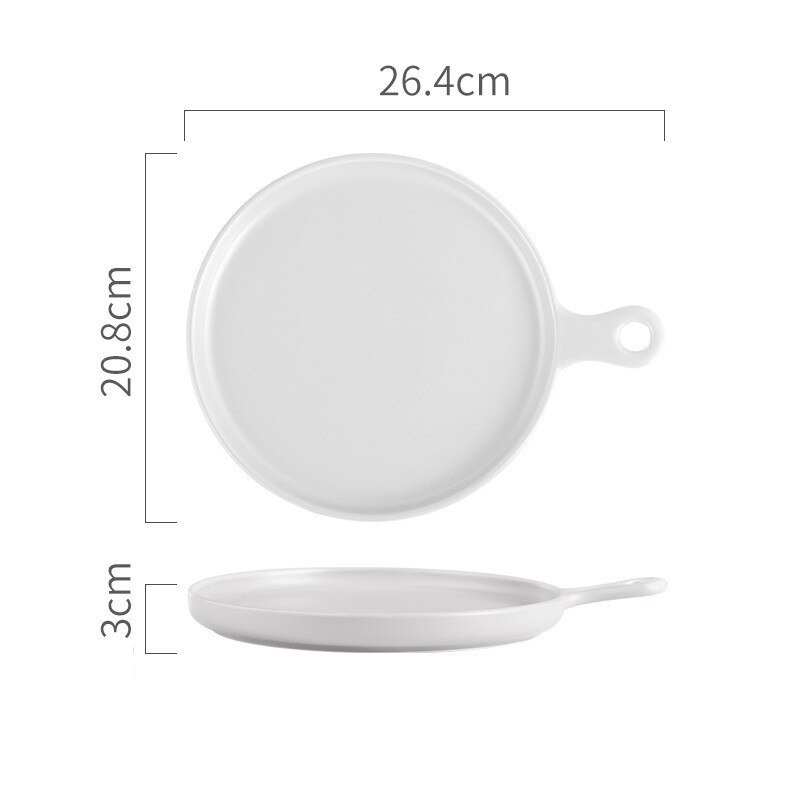 Plato nórdico redondo de cerámica sólida, plato de cena de porcelana con mango resistente al calor, bandeja para carne, Pasta, aperitivos y pasteles, 10 pulgadas: White