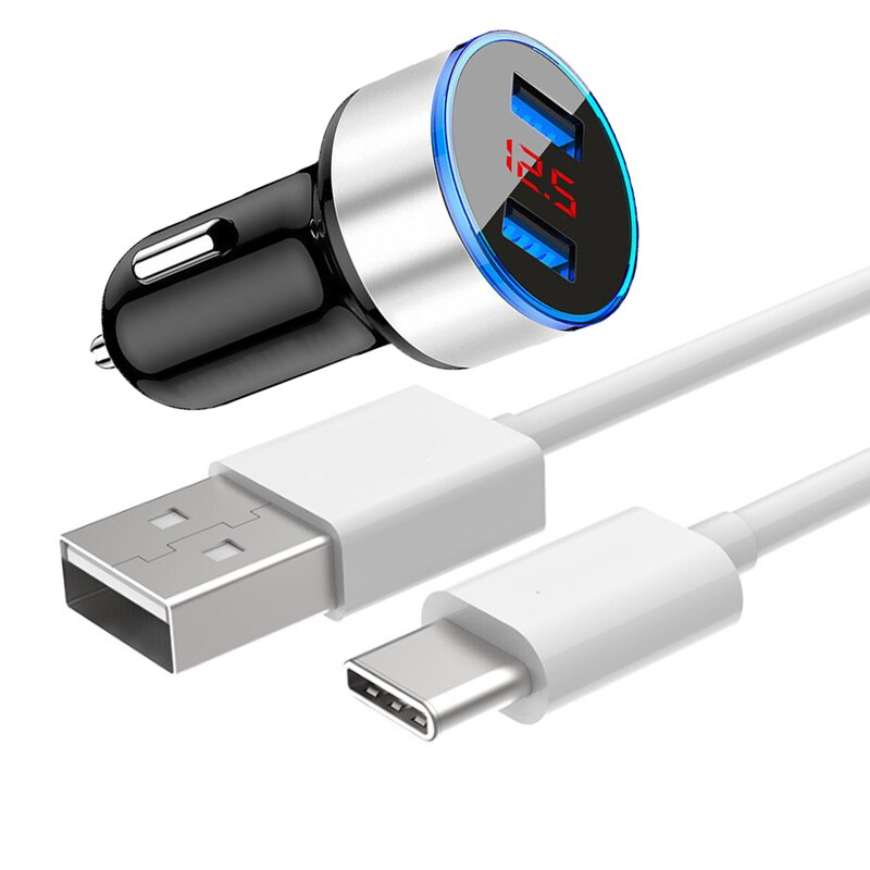 Cargador USB Dual para coche con LED, Cable USB tipo C para Samsung S21, S20, S10 Plus, S9, S8, A22, A32, A42