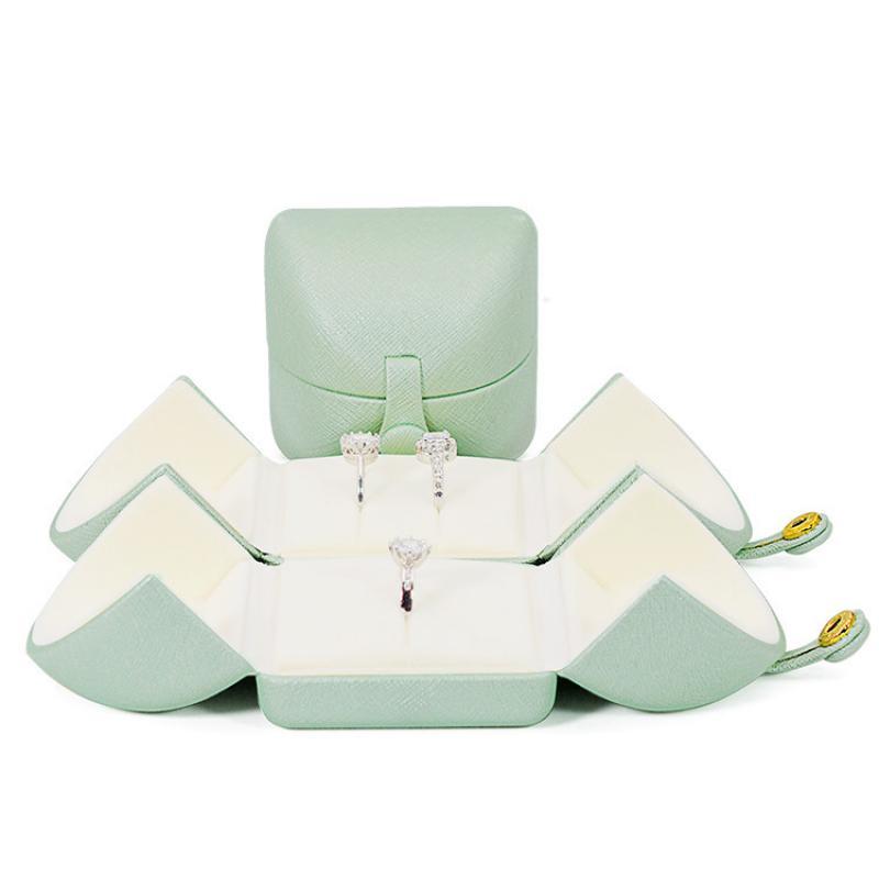 Tender Green Reticulated Pu Leather Double Open Jewelry Storage Box Proposal Ring Box Pearl Necklace Collection Box