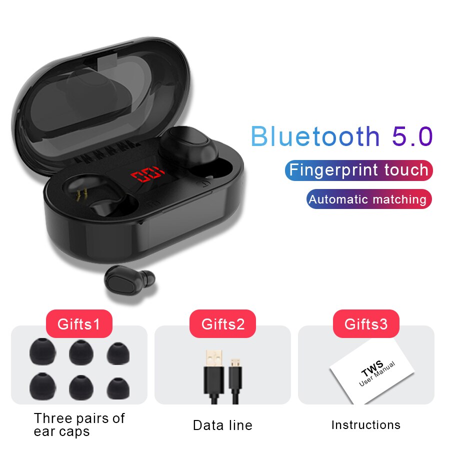 TWS Bluetooth Earphone With Microphone LED Display Wireless Bluetooth Earbuds Earphones Waterproof Noise Cancelling Headsets: Black