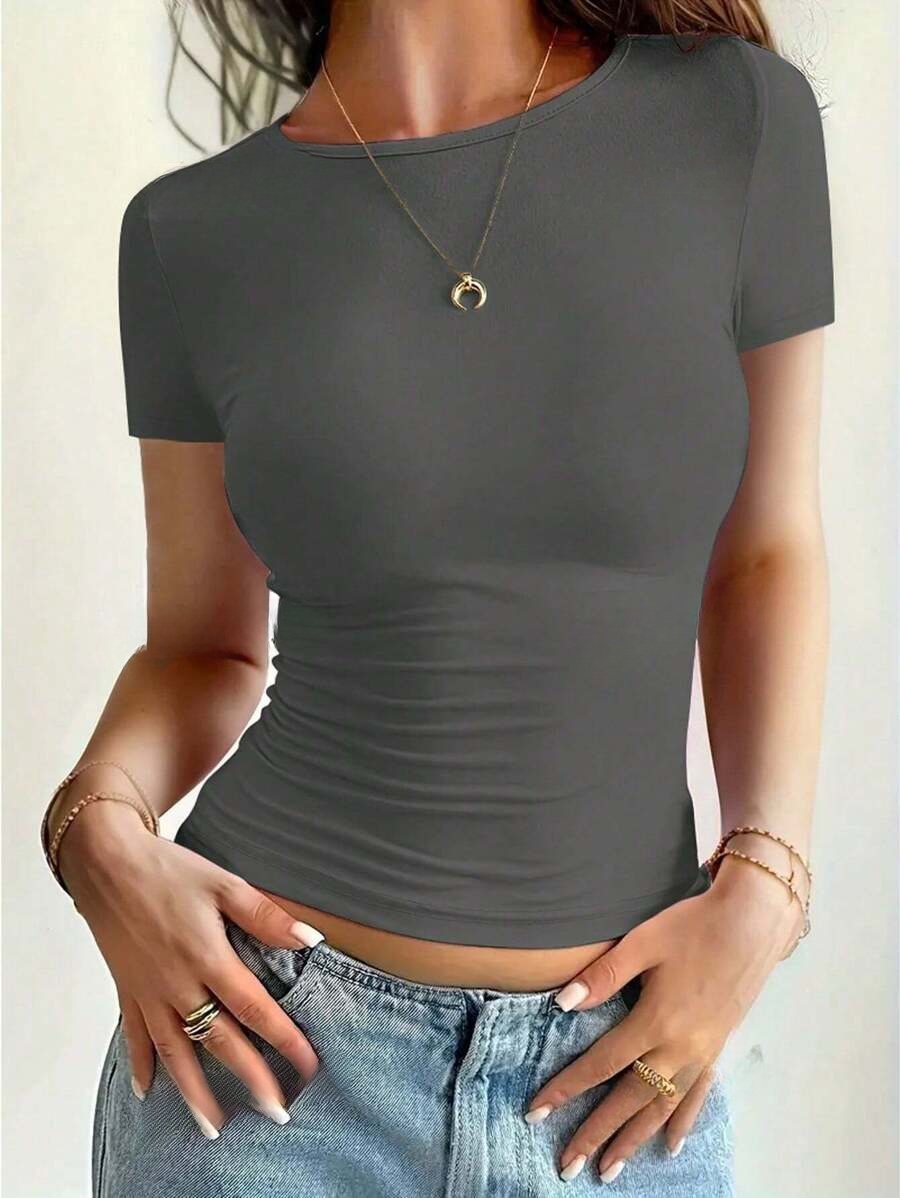 Camisetas básicas para mujer, Tops cortos de manga corta con cuello redondo, camisetas bonitas de verano, camisetas ajustadas, ropa Y2k 2024: XL / Gris oscuro