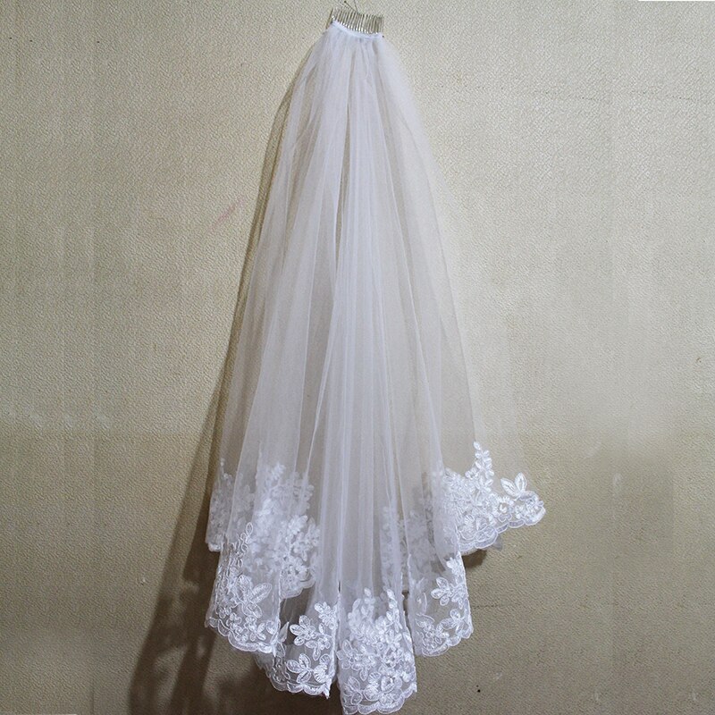 Voile de mariée court avec peigne, bord en dentelle, une couche, , blanc, ivoire, accessoires de mariée,