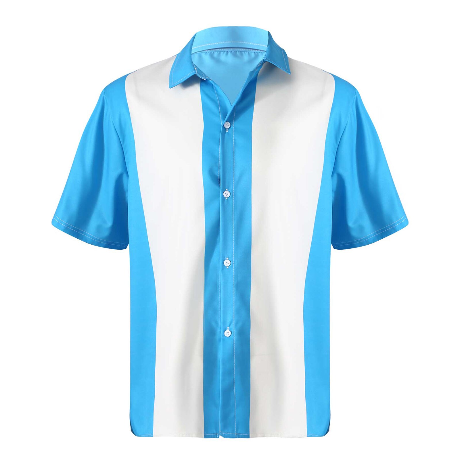 Chemises de Bowling rétro à manches courtes pour hommes, vêtements Vintage décontractés à boutons et à rayures, Rockabilly des années 50: Blue / XXL