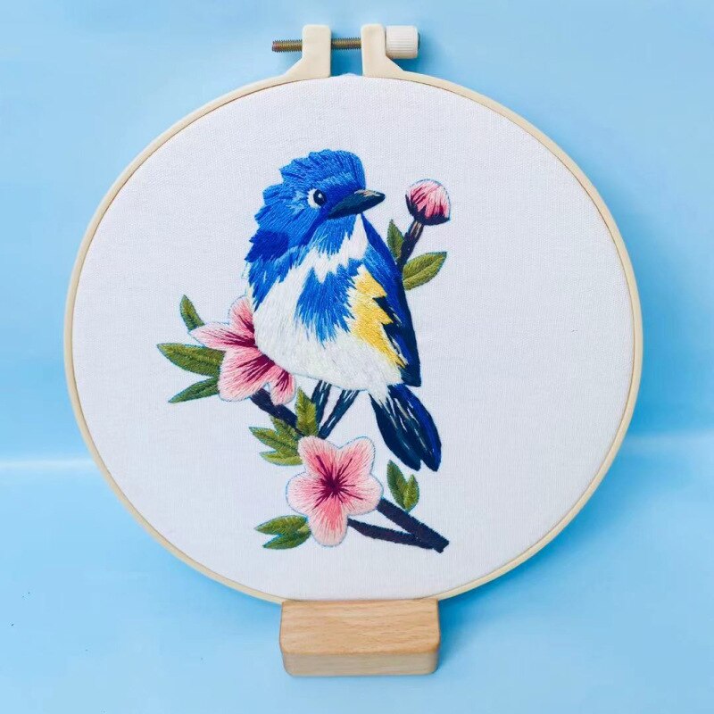 Blue Sparrow Embroidery Kit DIY Needlework Hummingbird Pattern Needlecraft for Beginner Cross Stitch(With Hoop)