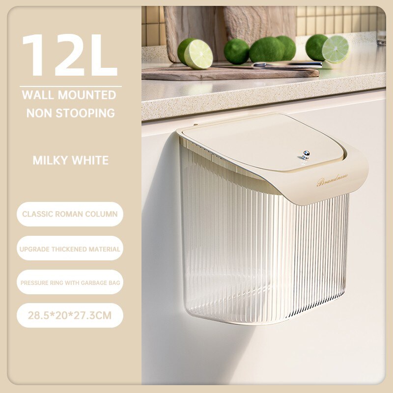 Poubelle de cuisine murale 12l avec couvercle, panier de rangement Transparent suspendu à la porte de l&#39;armoire, corbeille décorative: 12L white