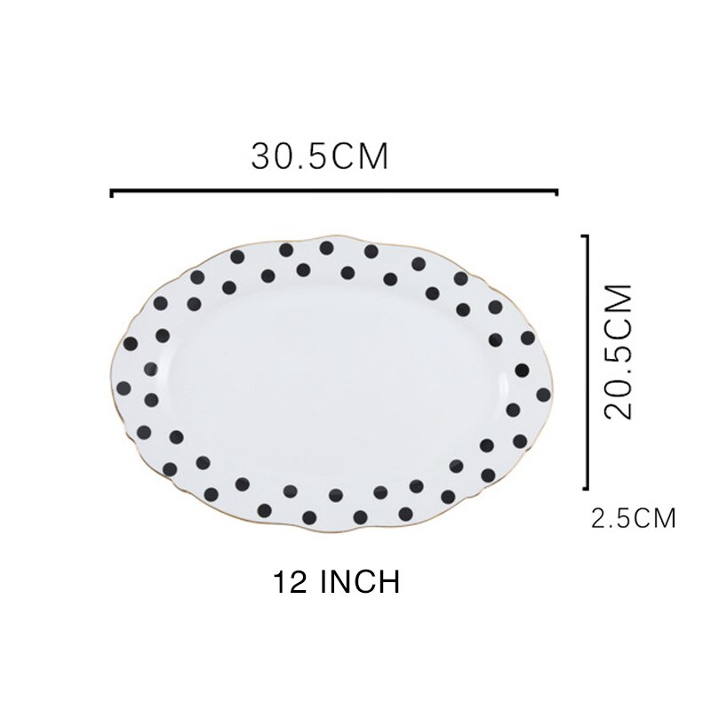 10inch Food Tray Gold Edge Dinnerware Set Polka Dot Dinner Plate Set Soup Dish Steak Flat Plate Flower Shape Breakfast Tableware: Black Fish plate