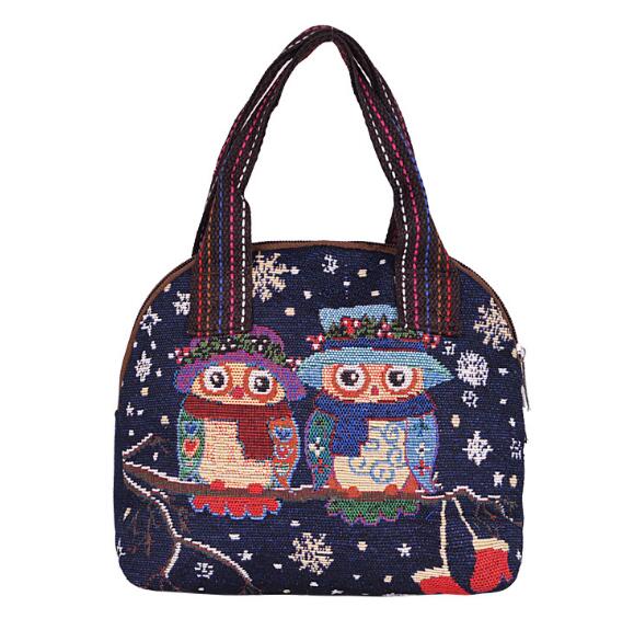 Women Cartoon Canvas Tote Ladies Owl Printing Shopping Bags Feminina Simple Mini Eco Cloth Small Handbags: Brown