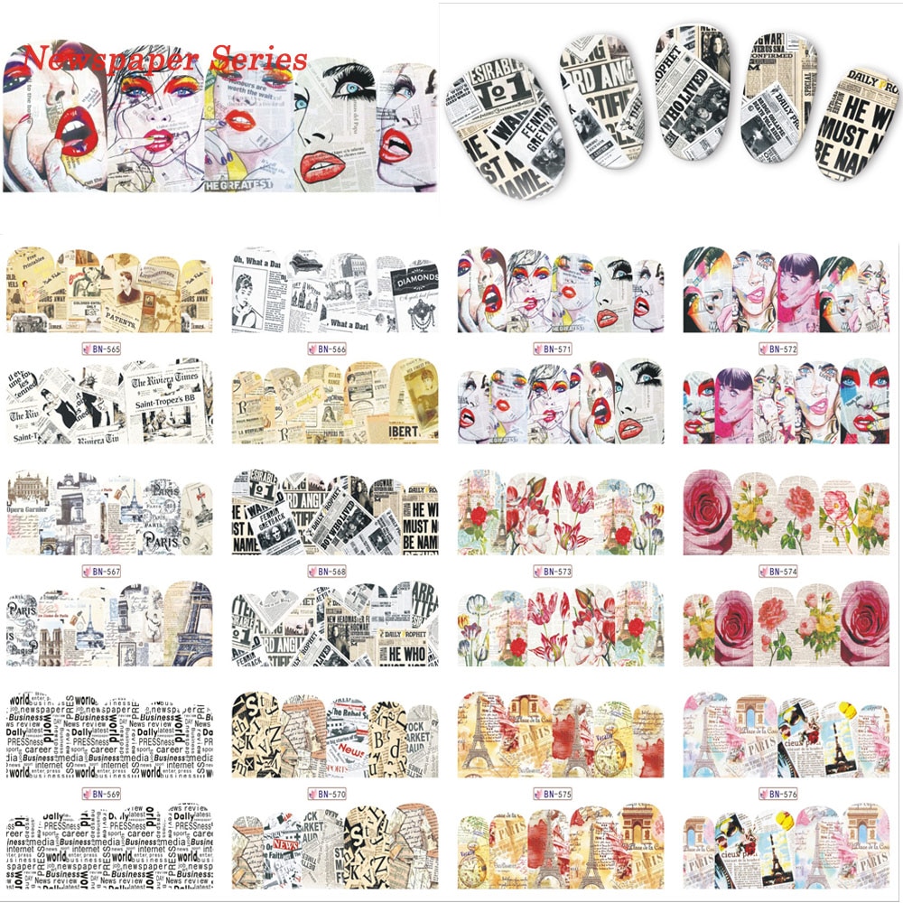 12 ontwerpen IN Een Retro Krant Serie Decals Nail Sticker Volledige Wraps Lady Nieuws Afbeelding Decoraties voor Nail Gereedschap TRBN565-576