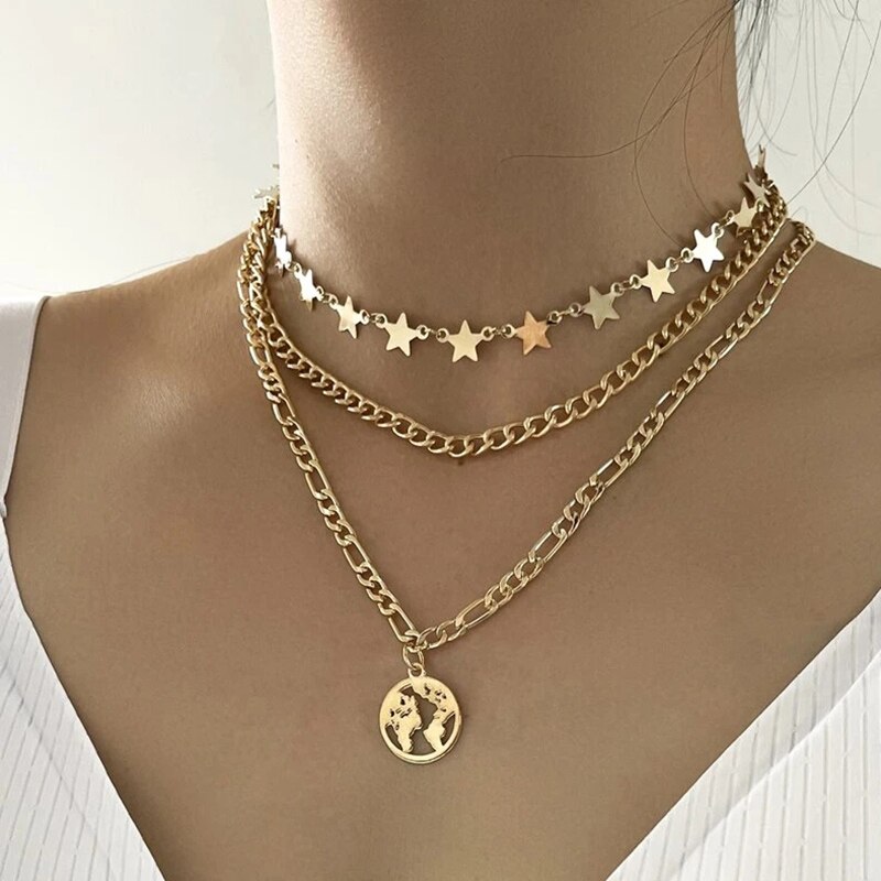 Multilevel Gold Map Pendant Jewelry For Women Wedding Tassel Star Chain Choker Necklaces N0274: N0274