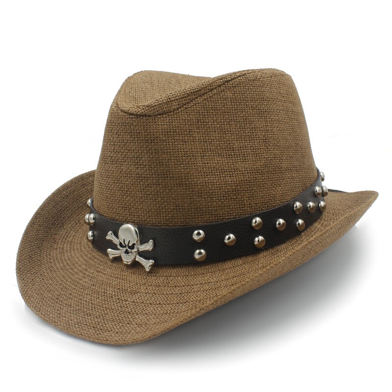 Men Straw Western Cowboy Hat With Roll Up Brim Summer Gentleman Cow Sombrero Cap With Belt: Coffee
