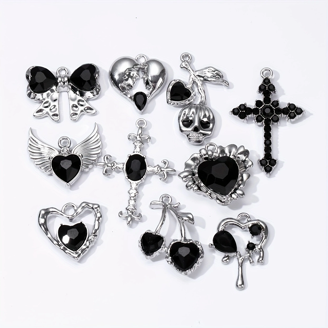5 stks Mode Hart Cherry Cross Emaille Bedels Y2K Stijl Dark Gothic Hangers Voor Maken Handgemaakte DIY Bevindingen Sieraden: Silver Plated