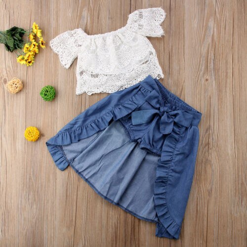 Summer Princess Girl Kid Lace Off-shoulder T-shirt Top Blue Jeans Shorts Bowknot Skirts Party Children 2Pcs Outfits