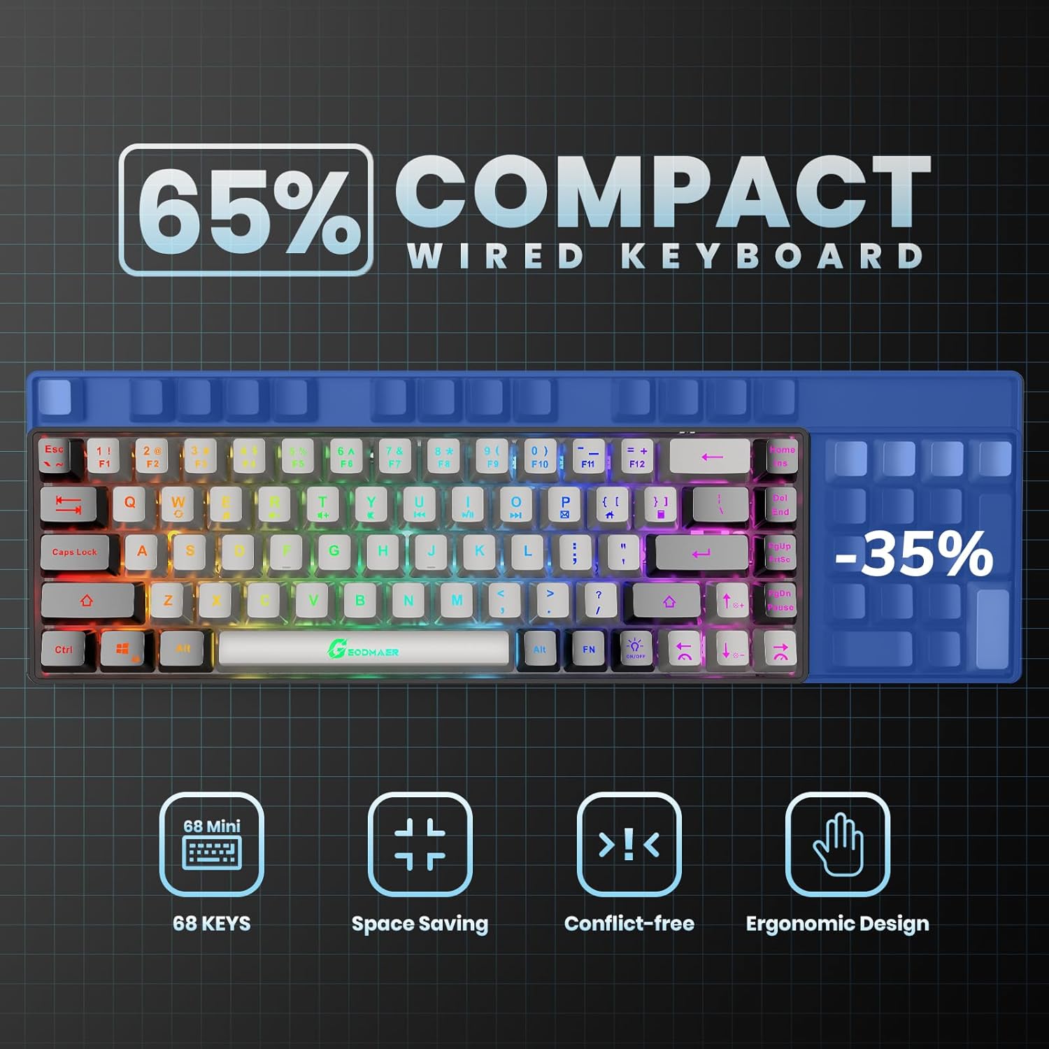 65% klawiatura do gier, przewodowa podświetlana Mini klawiatura, Ultra-kompaktowa klawiatura 68 klawiszy przewodowa do gier membranowych do laptopa Mac Gamer