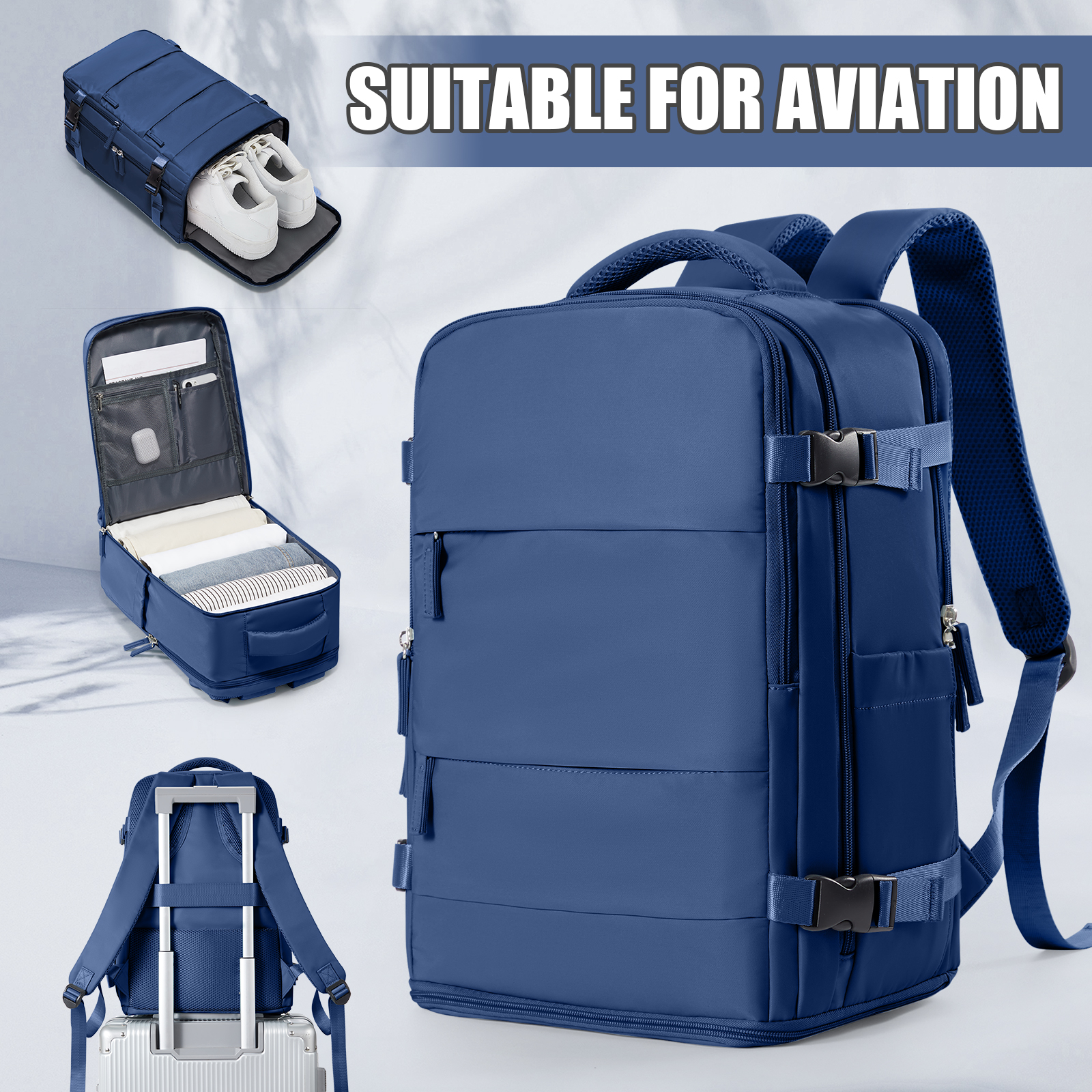 Mochila de viagem para mulheres e homens, mochila Ryanair 40x20x25 bagagem de avião de cabine EasyJet 45x36x20 mochila bolsa para laptop de negócios: 16 polegadas / Azul