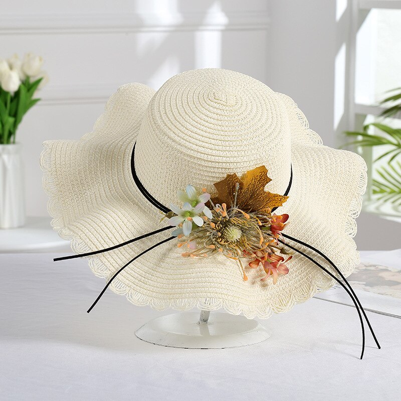 sombrero de novia de playa de verano sombrero de paja de hoja de flores de ala ancha sombrero de mujer de vacaciones de de viaje sombrero de sol YSAN678: Marfíl