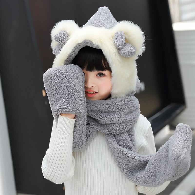Vinter kanin öra fjärils knut barn mössor halsduk härlig tjej mössa plysch mössa scarf handske set tjock mössa+huva halsdukar: C5