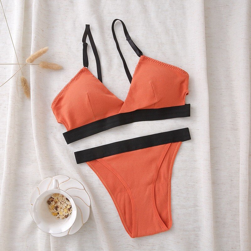 Bra Set Women Striped Underwear Push Up Seamless Lingerie Female Bra Briefs Set: Orange