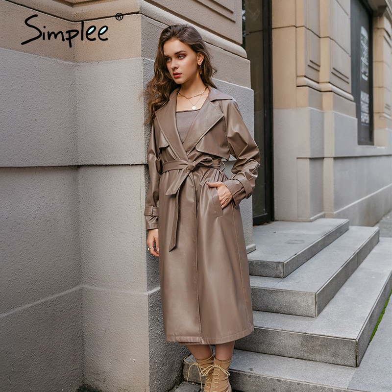 Simple streetwear pu læder trenchcoats damer brun efterår vinter sashes lang frakke hakket kontor damer lomme outwear
