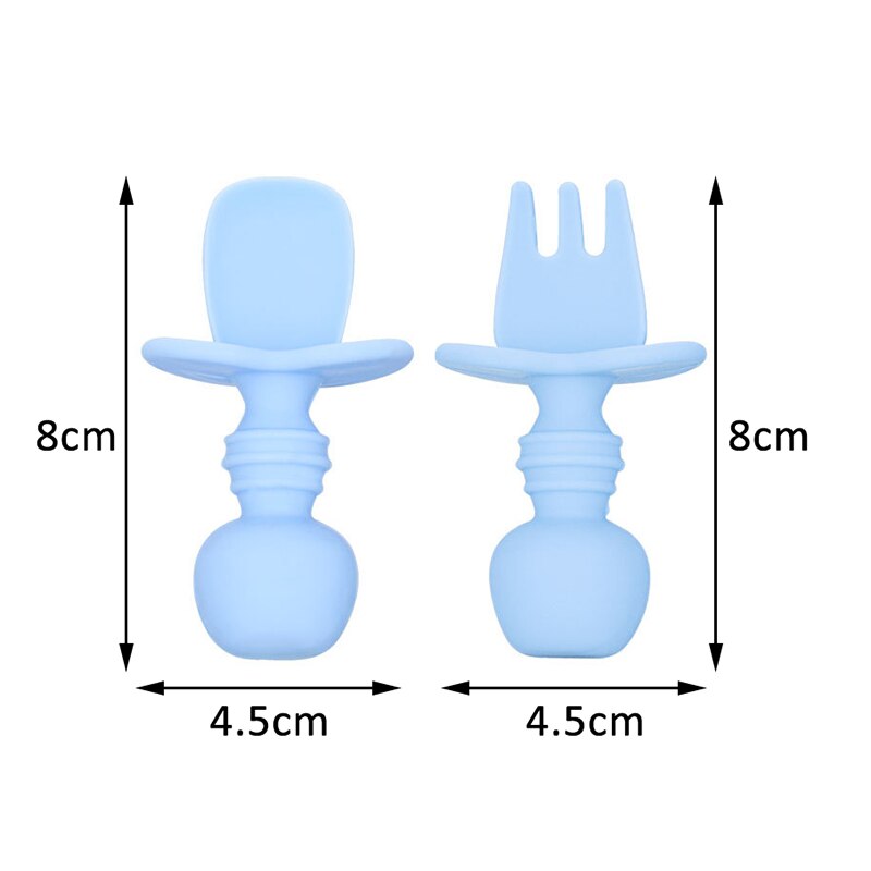 2 kpl/setti vauvan lusikka-haarukkasetti elintarvikelaatuinen silikoni lyhytvartinen vauvan koulutuslusikka-haarukkasetti söpö sarjakuva vauvan ruokailuvälineet: Sininen