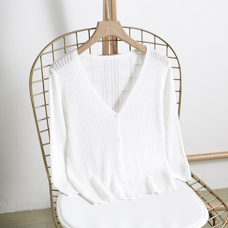 Ice Silk Thin Cardigans Women Summer Knitted V-neck Long Sleeve Sweaters Knit Sweater Women Cardigan Femme Black Pink: white