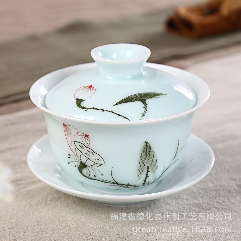 Cuenco De cobertura grande De porcelana Longquan Qing pintado a mano, cuenco De cobertura De tres solo cuenco, juego De té Kung Fu, ópera De cerámica Gaiwan: 3