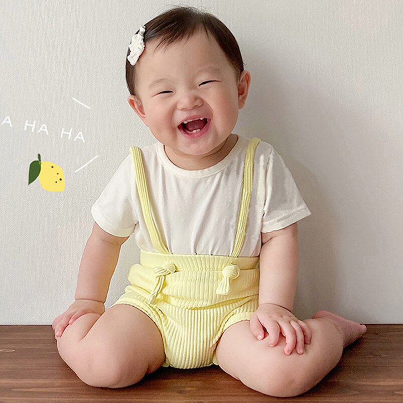 Pagliaccetto con cinturino a costine in tinta unita per abbigliamento per ragazzi tuta per bambini traspirante in cotone estivo per bambino: yellow / 18 to 24 Months